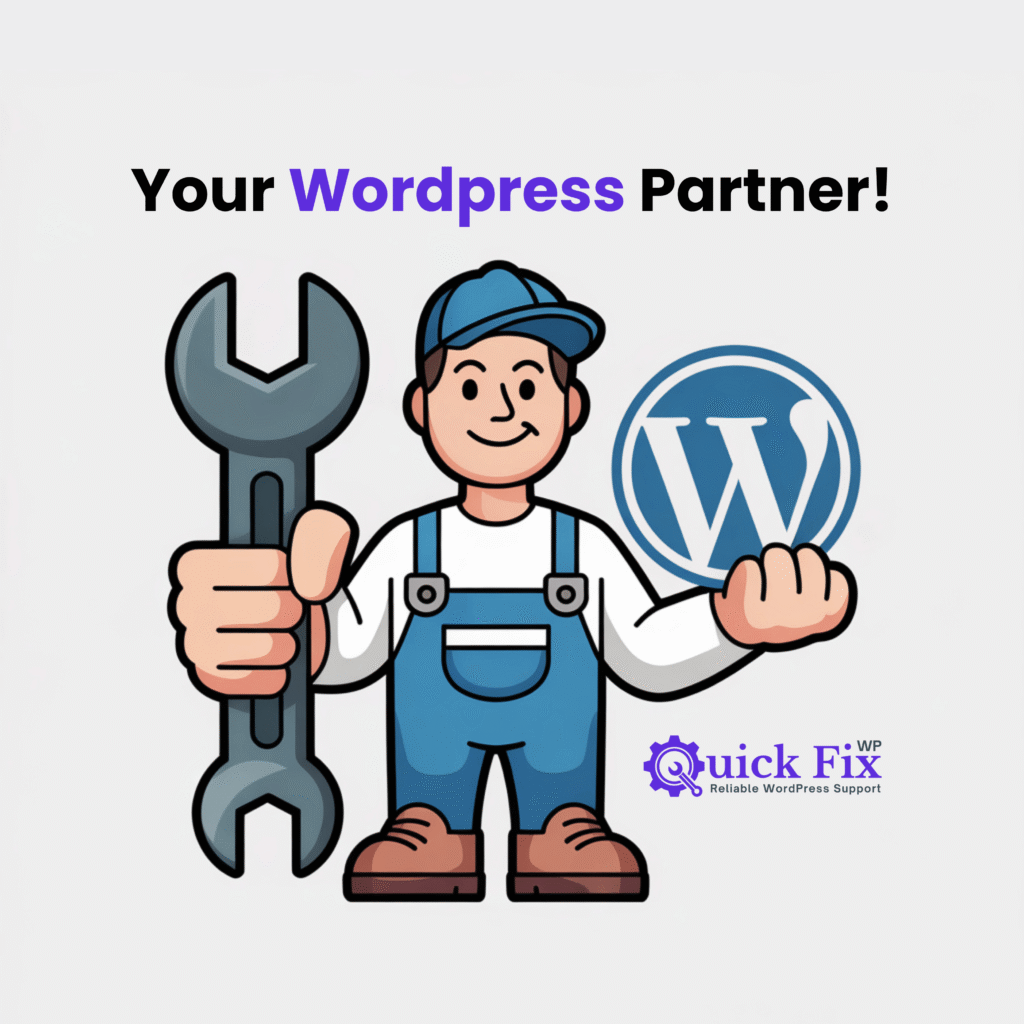 A cartoon handyman holding a wrench and a WordPress logo, representing reliable WordPress support services.