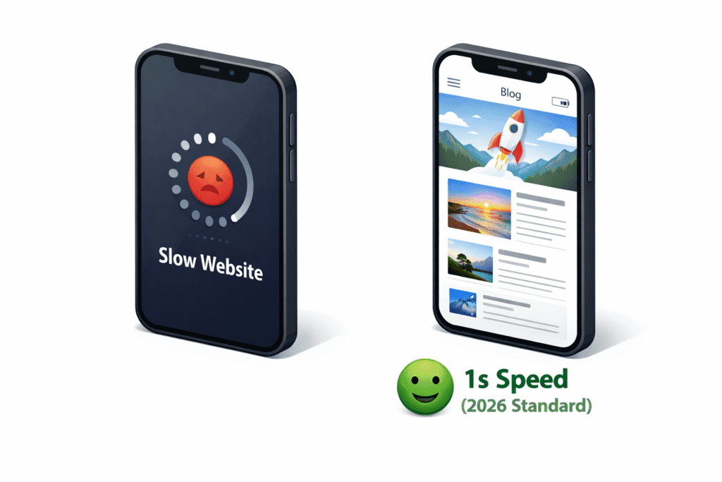 Comparison of a slow loading mobile website versus a fast 1-second WordPress theme in 2026.