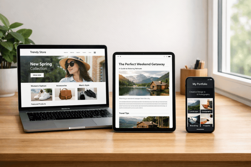 Responsive WordPress themes displayed on a laptop, tablet, and smartphone on a wooden desk.