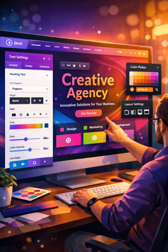 Divi visual page builder showing creative website design and colors