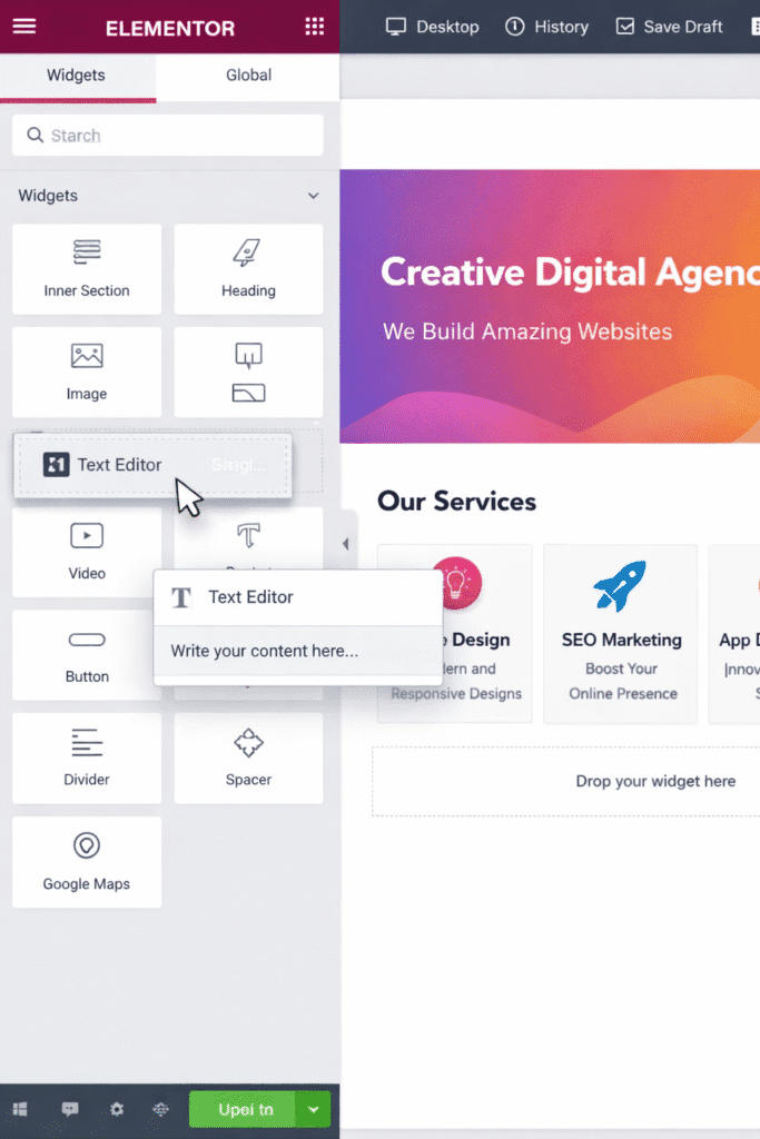 Elementor visual page builder interface showing drag and drop website design
