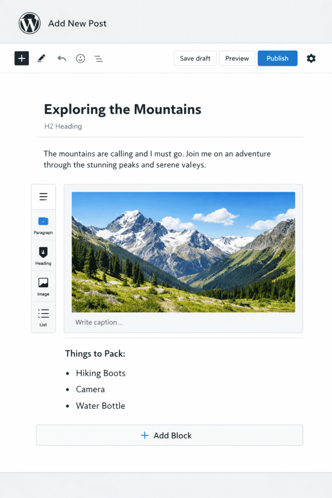 Gutenberg block editor showing simple text and image blocks in WordPress