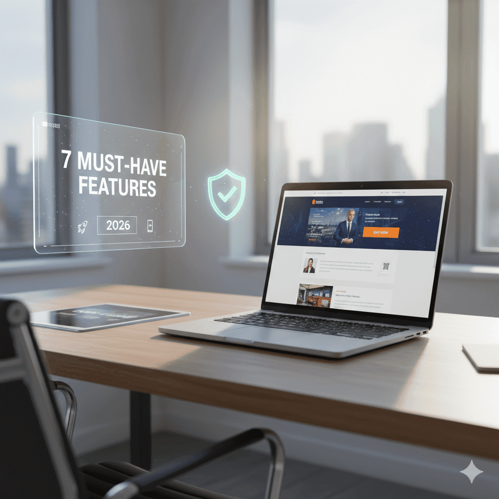 Modern high-converting business website layout with a professional laptop, bright call-to-action buttons, and AI-powered growth elements.