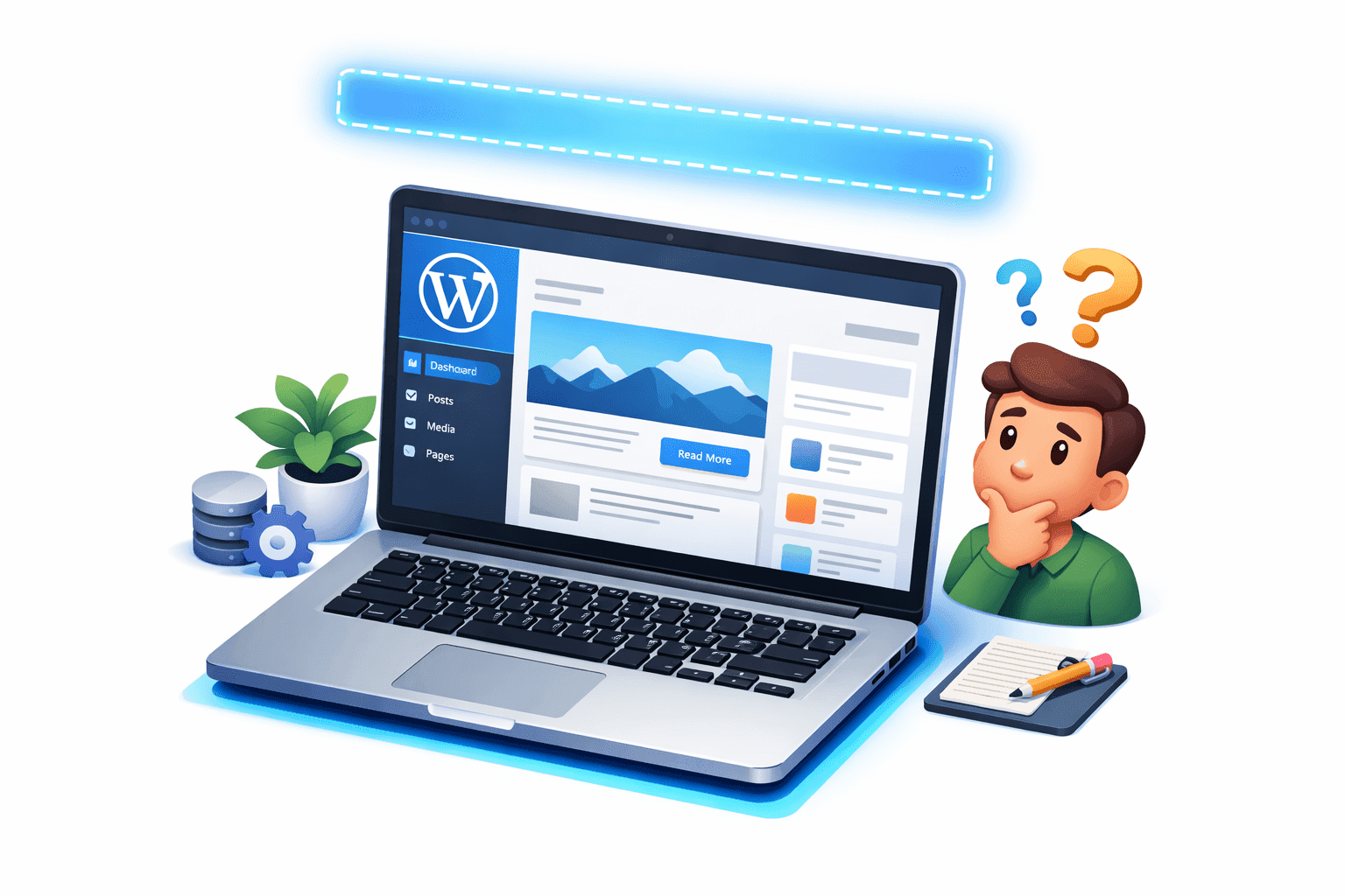 Illustration showing a WordPress website with the admin toolbar missing at the top - troubleshooting guide